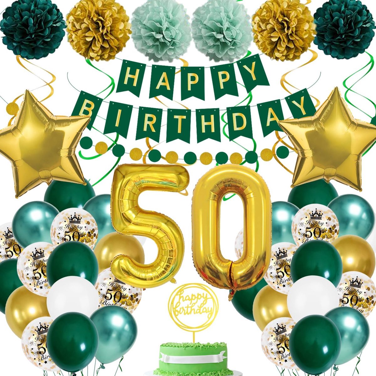 50 verjaardagsdecoraties voor dames en heren, groen goud verjaardag feestdecoraties ballonnen Happy verjaardag banner