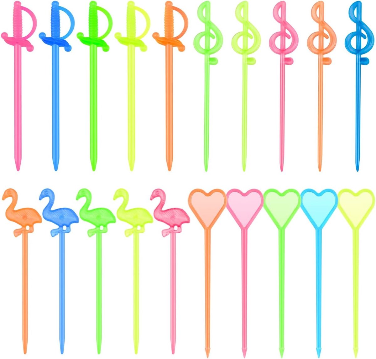 200 stuks plastic fruit plectrums cocktail plectrums voorgerecht plectrums drinken plukkers flamingo/hart/muziek notitiezwaard vorm plectrums, veelkleurig