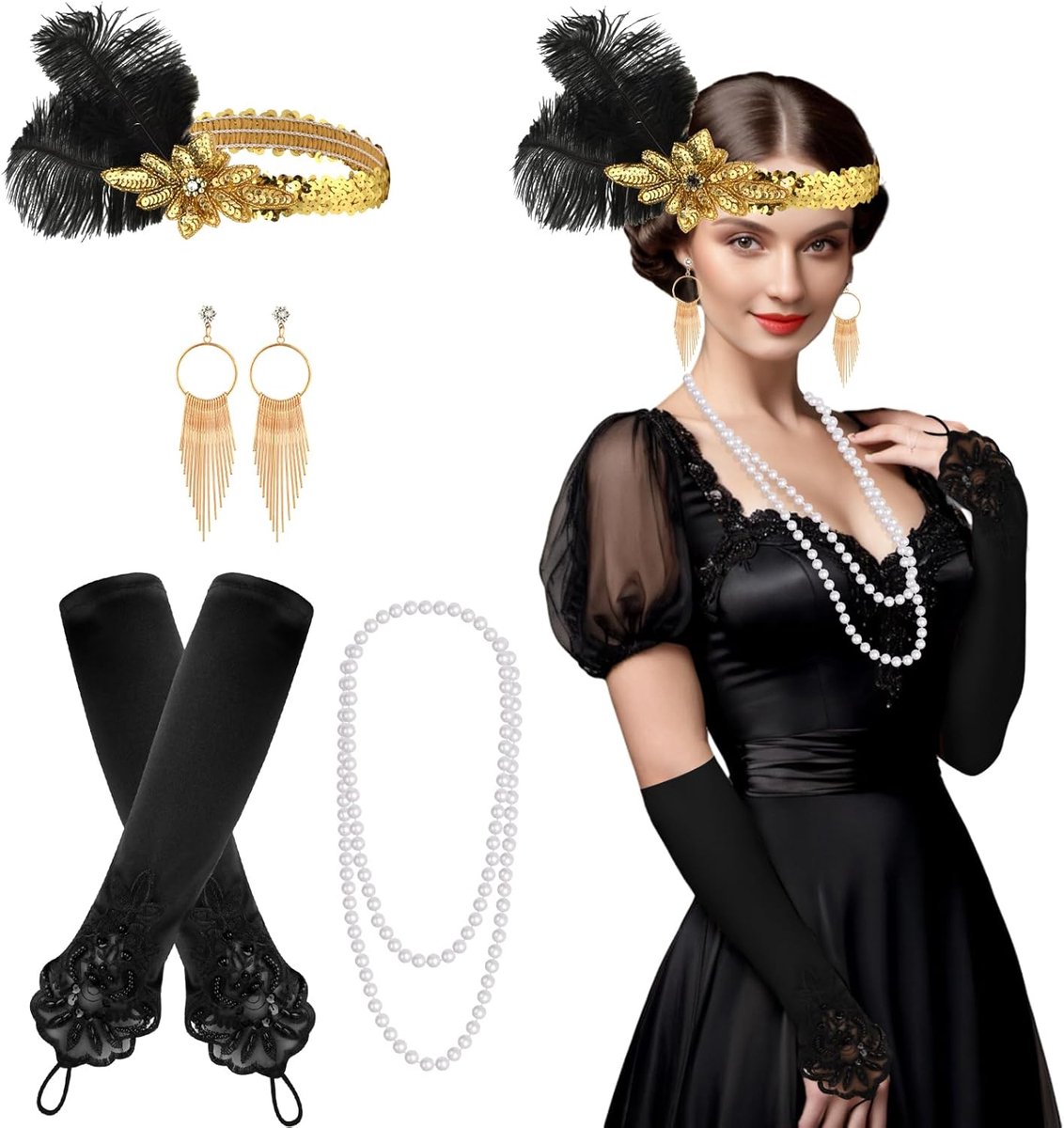 Accessoires Set Flapper Hoofdband Ketting Oorbellen Lange Zwarte Handschoenen Boa Great Gatsby Thema Party Accessoires