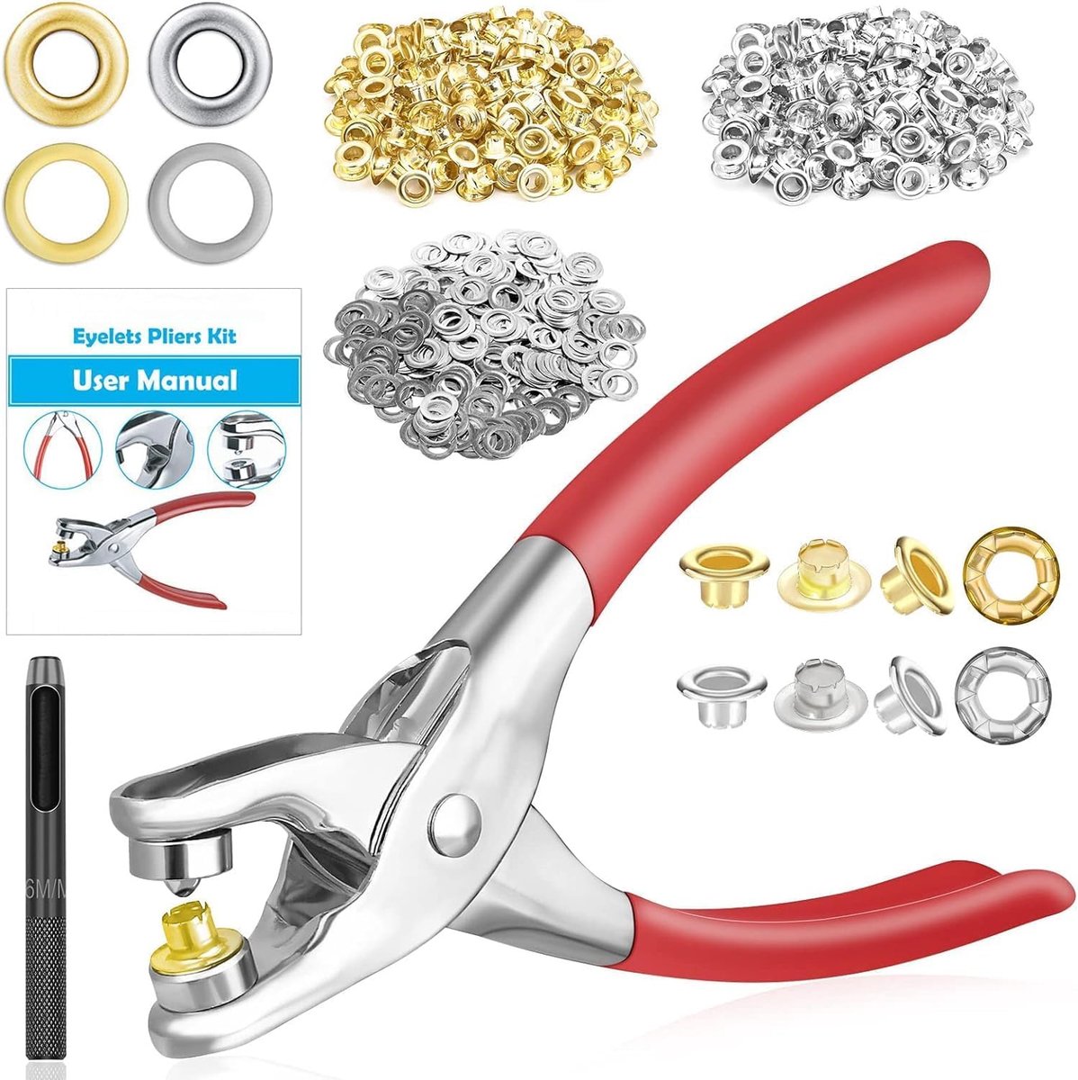 803 stuks doorvoertule oogtang, 1/4 inch 6 mm metalen oogjes met ringen in goud en zilver - handpersgereedschap voor leer, riem, schoenen, ambachten