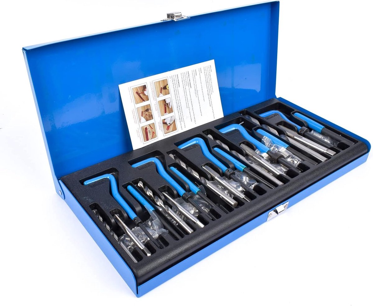 Schroefdraadreparatieset, 131-delig, schroefdraadreparatiegereedschap, M5, M6, M8, M10, M12, schroefdraad blauw