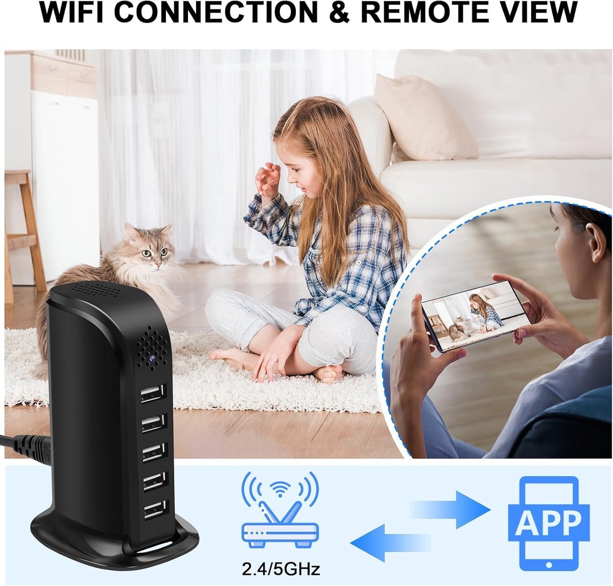 Verborgen Wi-Fi Camera met USB-oplader - Wit - Mini Spionagecamera met 5 Poorten - Voor Thuisbeveiliging