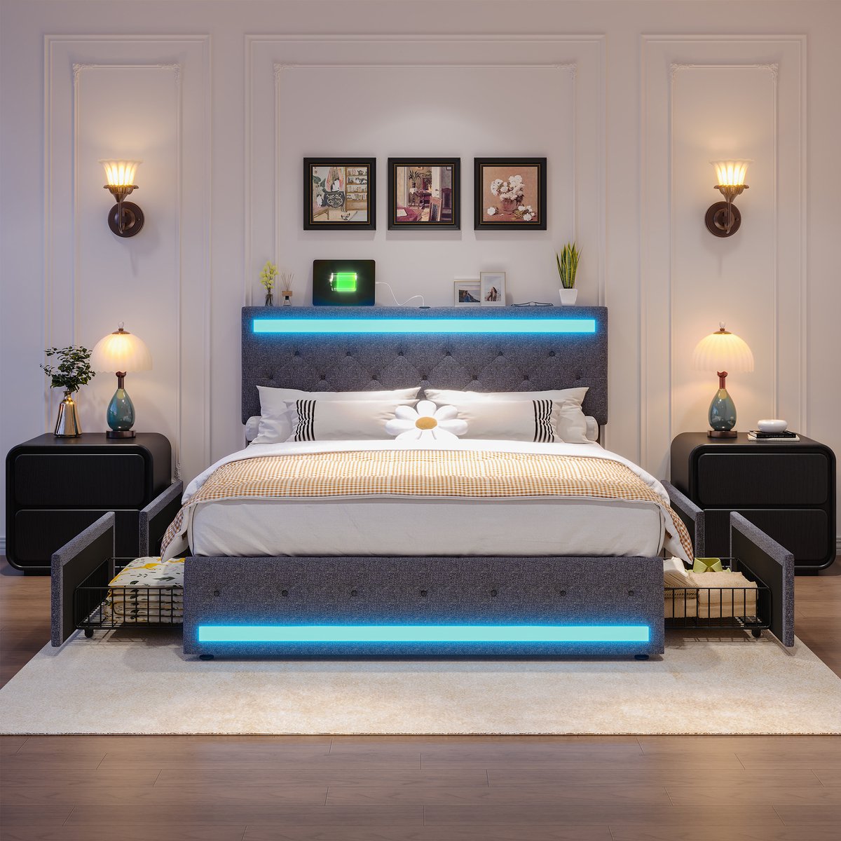 Tweepersoonsbed 140x190 cm, linnen gestoffeerd bed met led hoofd- en voeteneinde, 4 metalen lades, usb aansluiting en opbergruimte, donkergrijs, zonder matras