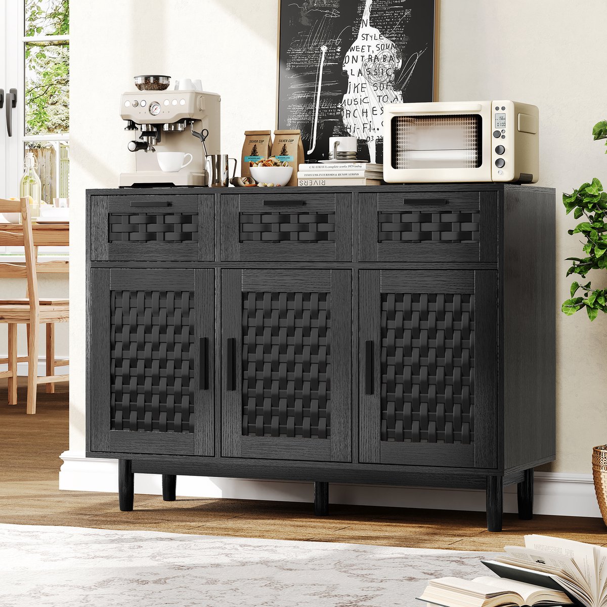 Dressoir 108x40x80 cm, opbergkast met 3 deuren en 3 lades, kast met rotanlook design, buffetkast voor woonkamer en eetkamer, zwart