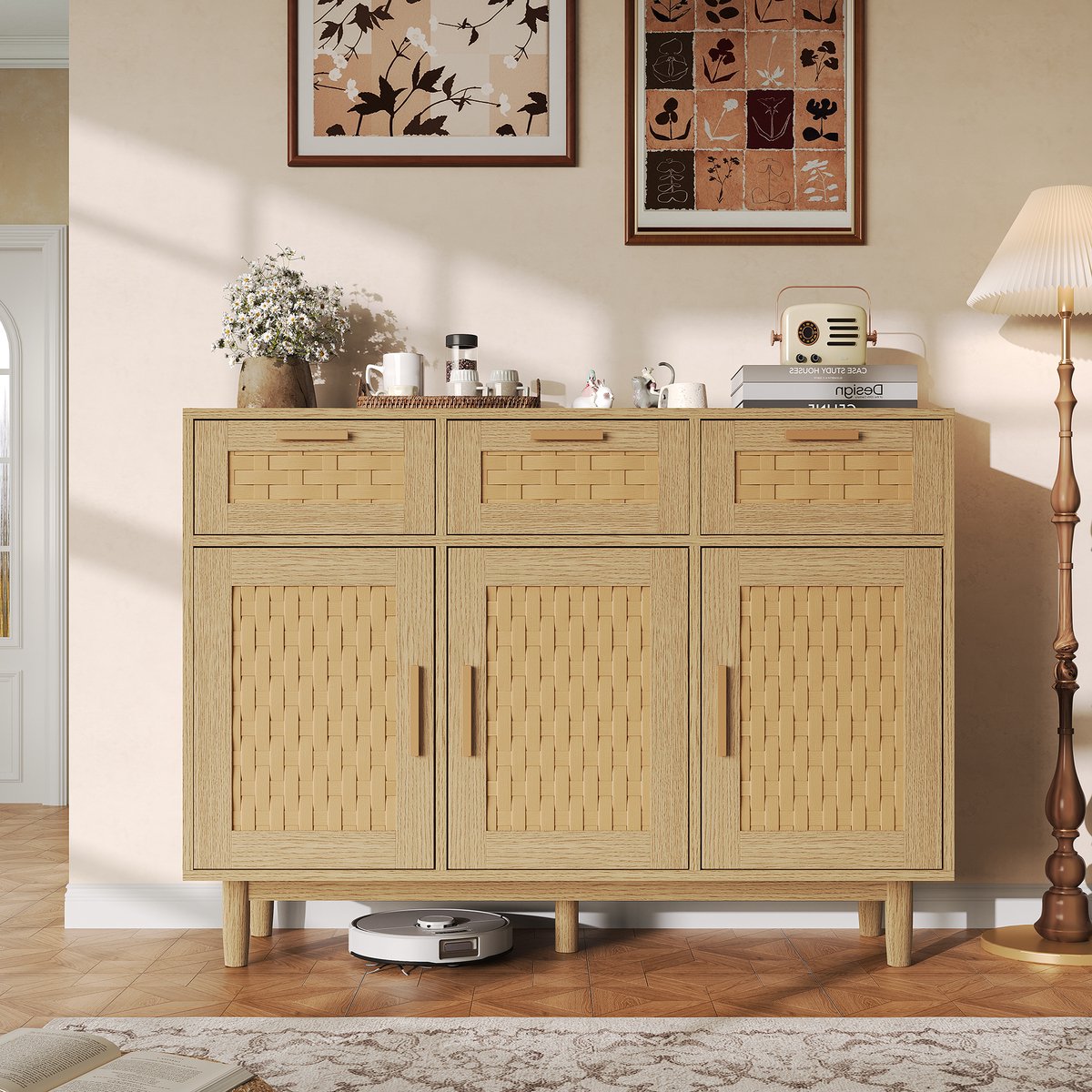 Dressoir 108x40x80 cm, opbergkast met 3 deuren en 3 lades, kast met rotanlook design, buffetkast voor woonkamer en eetkamer, licht houtkleur