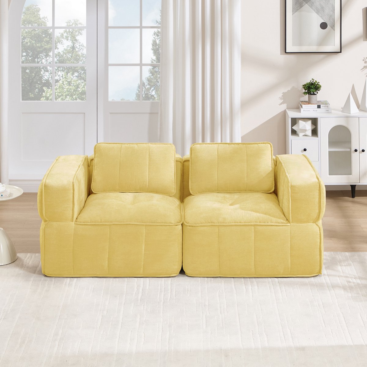 Pugsdrly Moderne tweezitsbank, modulaire hoekbank zonder frame, 32D-schuim met hoge dichtheid, diepe zitting, zachte en comfortabele bekleding, voor woonkamers en appartementen, geen montage nodig, geel.