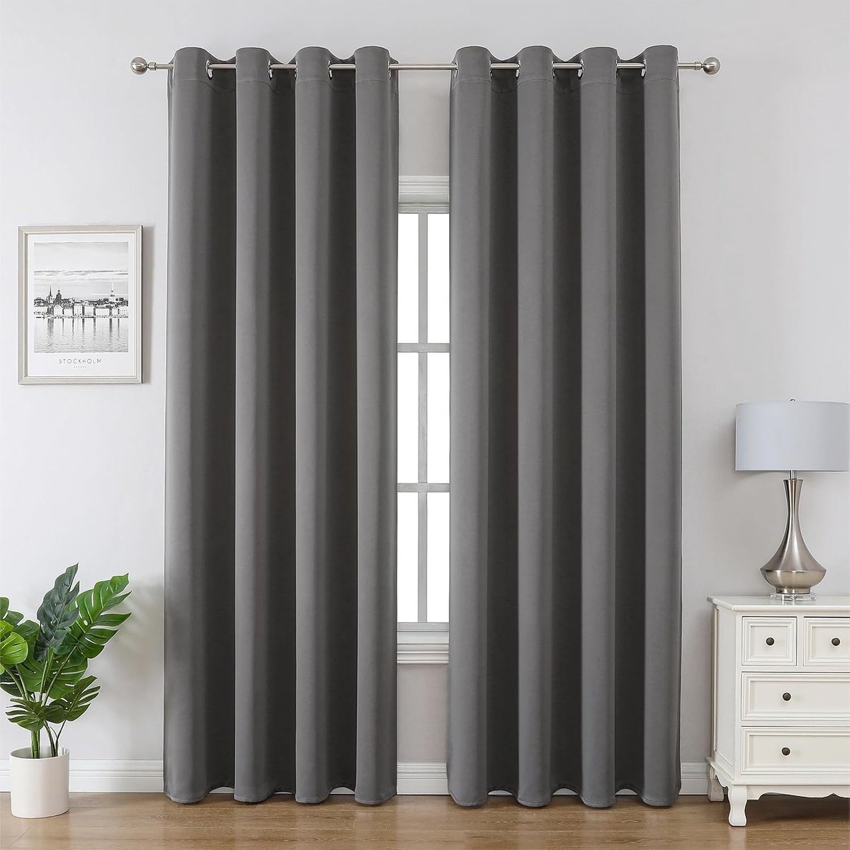 Verduisteringsgordijnen, grijs, ondoorzichtig, set van 2, H 225 x B 140 cm, met inslagringen, thermogordijn, hittebescherming, voor woonkamer, slaapkamer