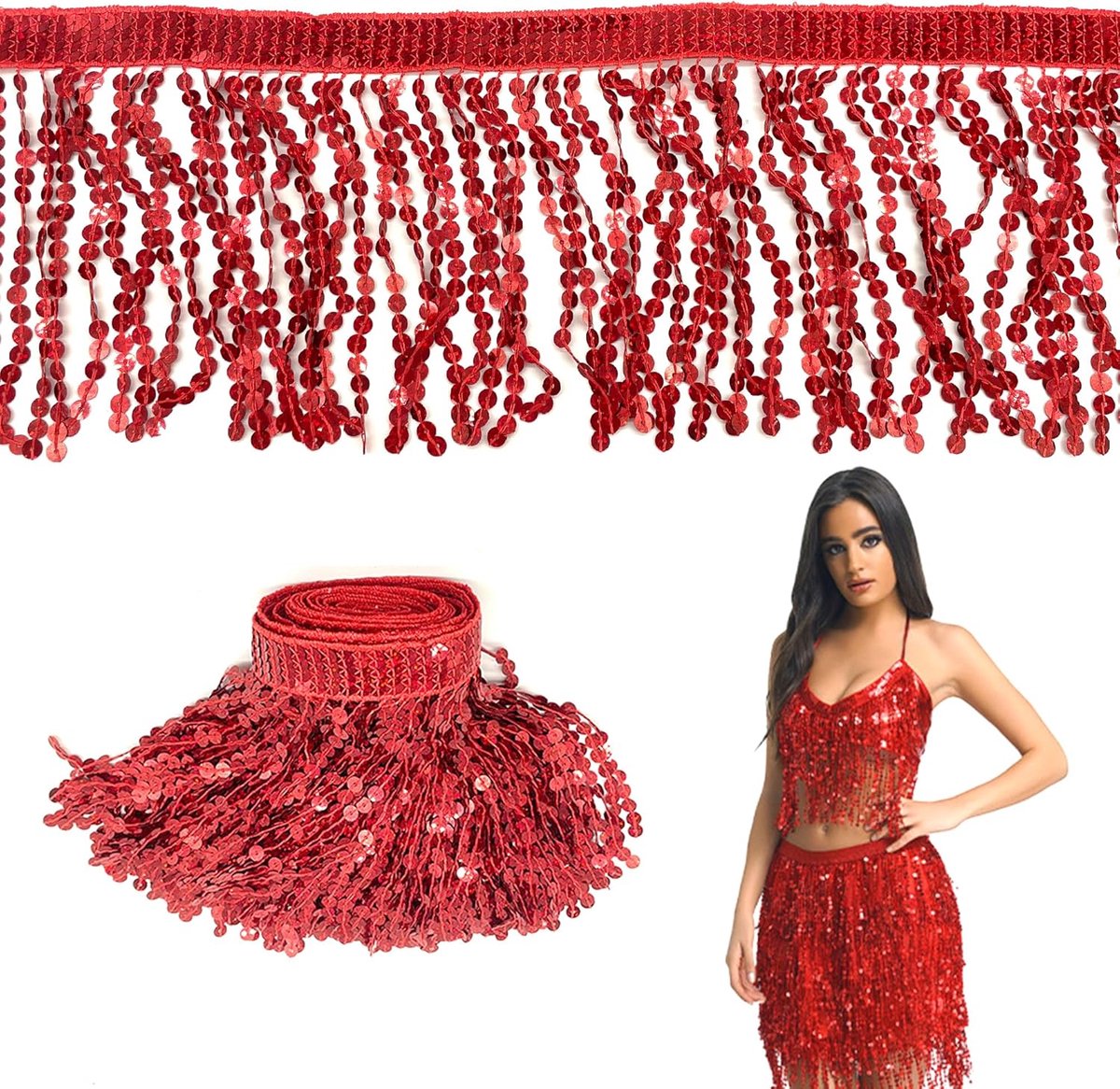 3 meter lang (x 16 cm breed), pailletten, franjes, franjes, franjes, franjes, franjes, franjes, trim, bullion, dansfranjes, rood, voor het maken van latijn-dansjurken, rokken