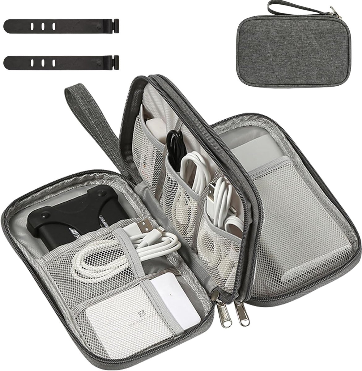 Kabeltas, elektronicatas met 2 kabelbinders, kabelorganizer, tas, draagbaar, reiskabels, waterdicht, dubbellaags, elektronica, accessoiretas voor mobiele telefoon, oplaadkabel, USB-powerbank,
