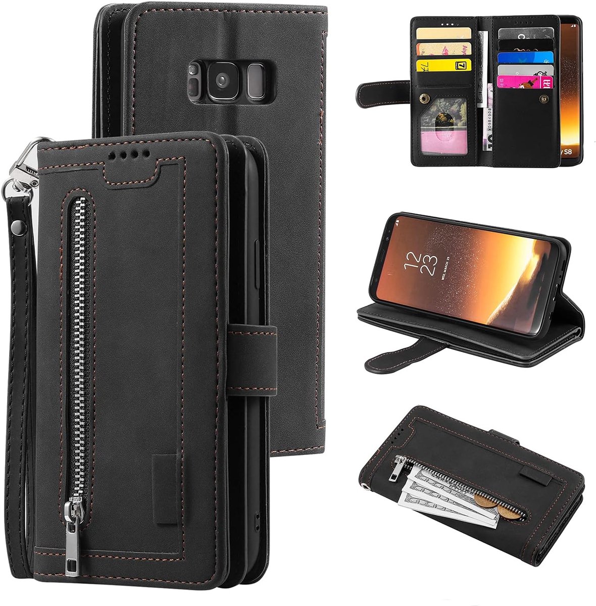 Hoes voor mobiele telefoon voor Samsung Galaxy S8, flipcase, lederen hoes, ritssluiting, magneetsluiting, portefeuille met 9 kaartvakken, standaard, retro, mat, leren hoesje, zwart