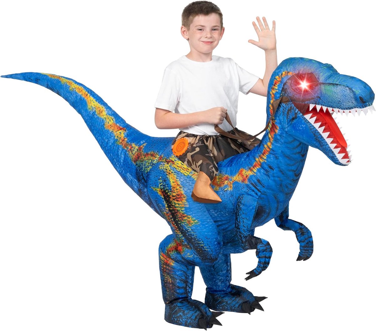 Creations Kinderen Halloween Raptor Opblaasbaar Kostuum, LED Ogen Rit Raptor Dinosaurus Blow Up voor Halloween Party