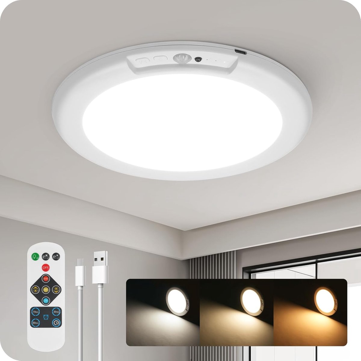 led-plafondlamp met bewegingsmelder, lamp met bewegingsmelder, voor binnen, werkt op batterijen, met afstandsbediening, voor hal, trap ZW51XDD05