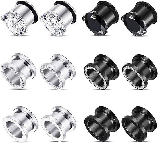 Tunnels, set van 12 roestvrij stalen oortunnels, meerkleurig, schroefsluiting met edelstenen, piercing, sieraden, 4 mm-12 mm — afbeelding 5