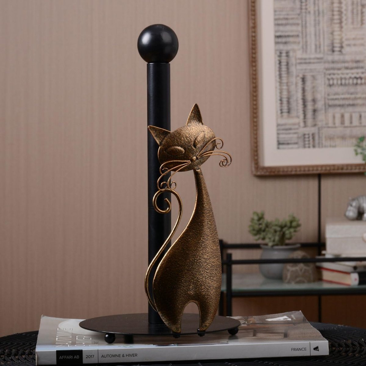Papieren handdoekhouder toiletpapier dispenser papier toren rolhouder kat standbeeld sculptuur keuken decor beeldje moderne kunst metalen ambachten 34 cm