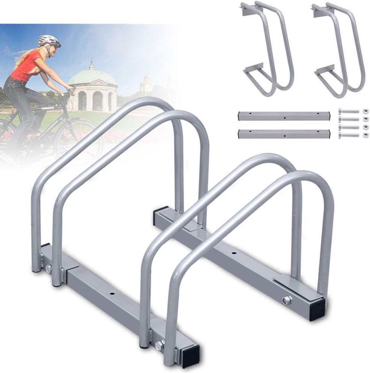 Fietsstandaard voor 2 fietsen, 35-55 mm bandbreedte, meervoudige standaard, standstandaard, wielstandaard voor mountainbike en e-bikes, verzinkt staal, voor vloer en wandmontage