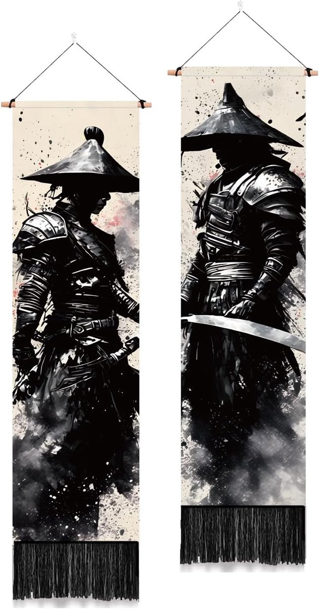 2 Pack Inktstijl Tapestry Japanse Samurai Verticale Muur Opknoping met Kwasten Zwart Esthetisch Wandtapijt voor Slaapkamer Woonkamer Slaapzaal Achtergrond Home Art Decor, 130 x 33 cm
