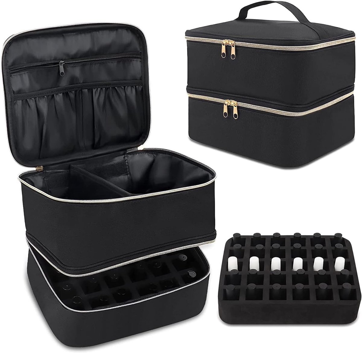 Dubbellaagse nagellak opslag, zwarte nagellak draagtas tas met manicure gereedschap opbergzakken, houdt 30 flessen en nagellamp, nagel droger case, nagellak organizer tas, Zwart, Dubbellaagse