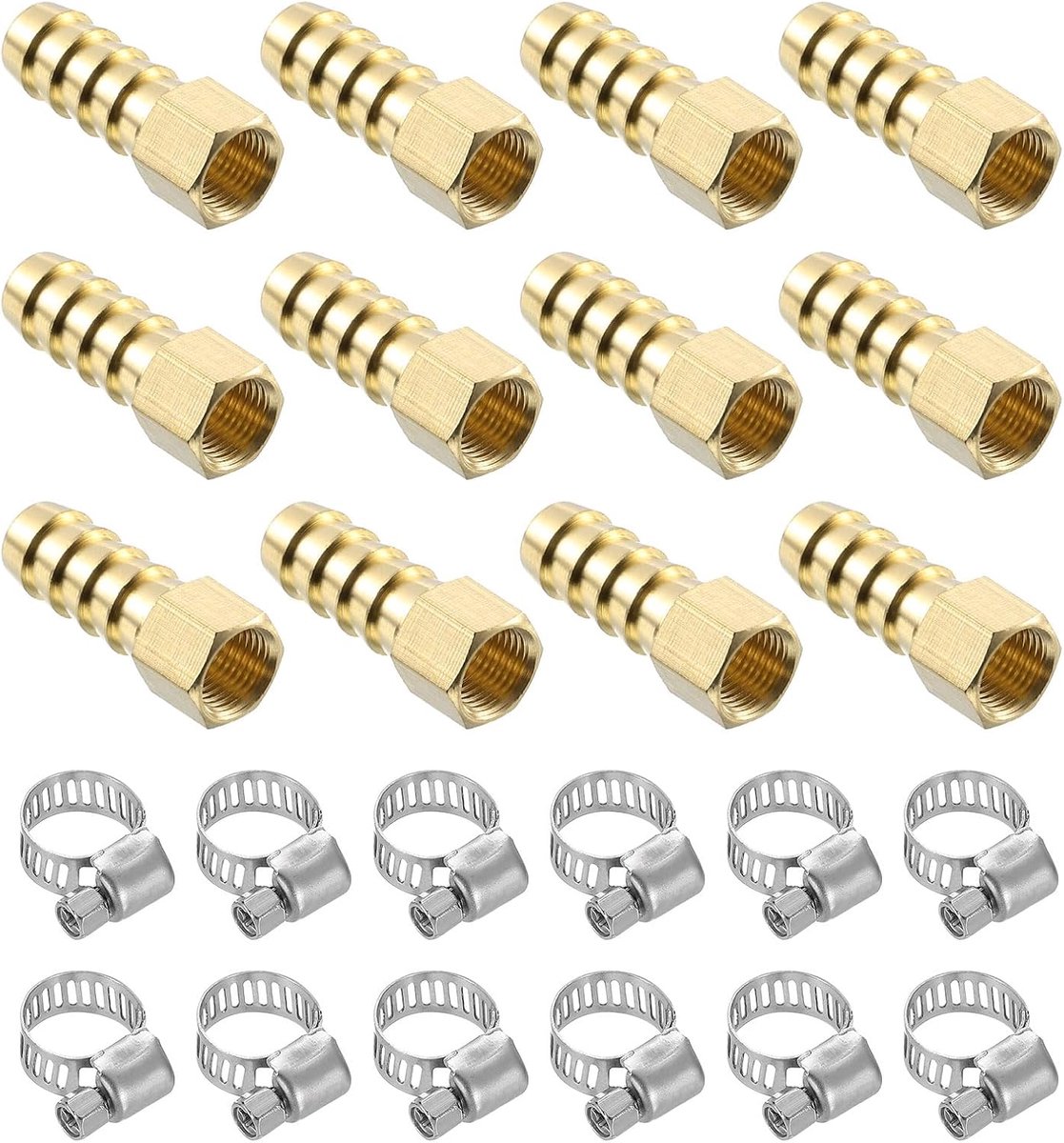12 stuks messing koppelingen, 3/8 inch barbetta x 1/8 inch slangadapter messing vrouwelijk NPT met 12 stuks slangklemmen voor water, brandstof en lucht