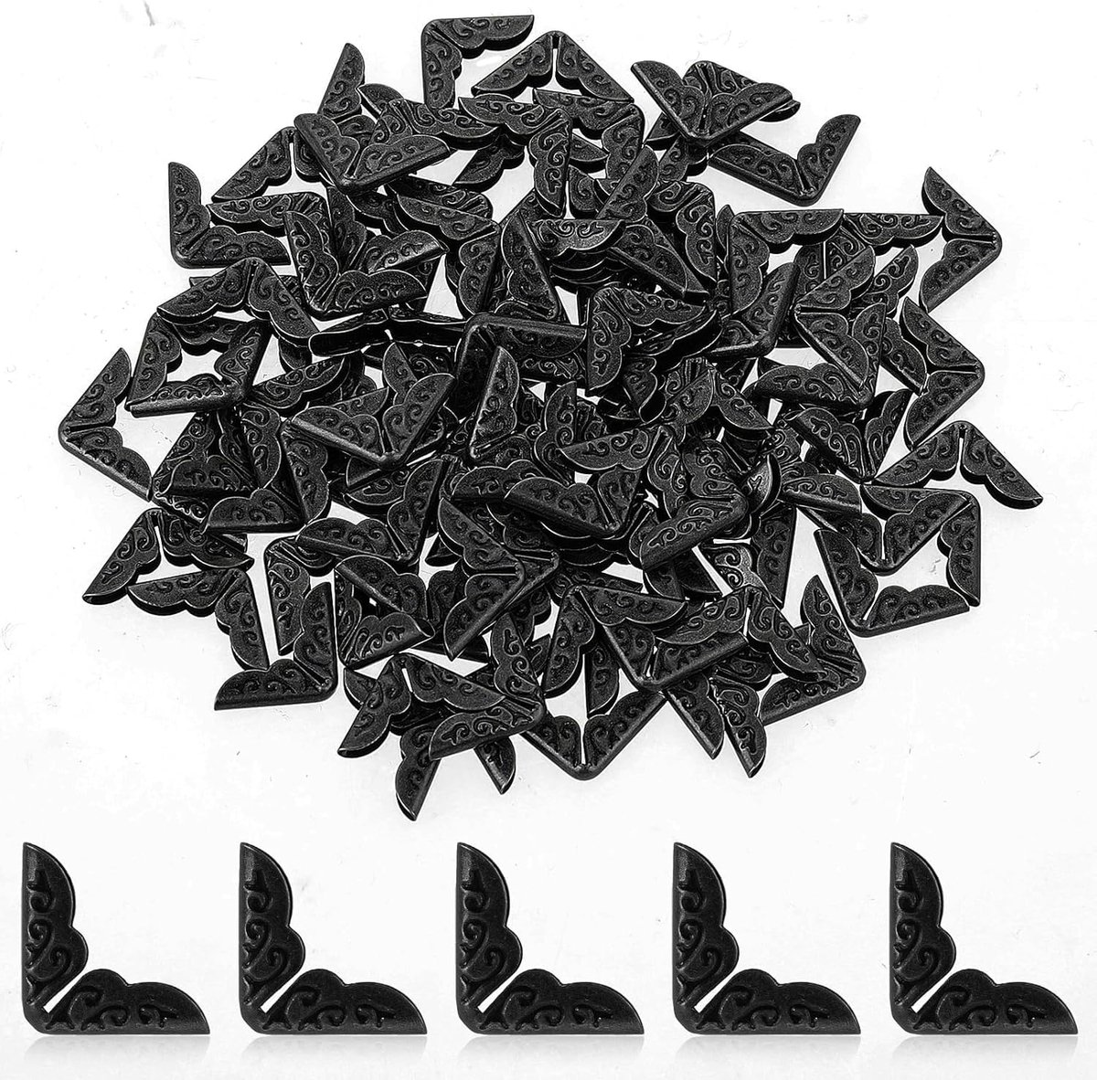 100 stuks hoekbeschermers van zwart metaal, vintage stijl, hoekbescherming, 14 mm, gegraveerde decoraties voor albums, notitieboeken, menu's, scrapbooking, meubels