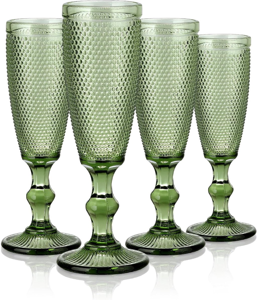 150ml vintage champagne goblet glas met reliëf, set van 4 groene champagne glazen fluiten voor bruiloft verjaardagen partij, vaatwasmachinebestendig