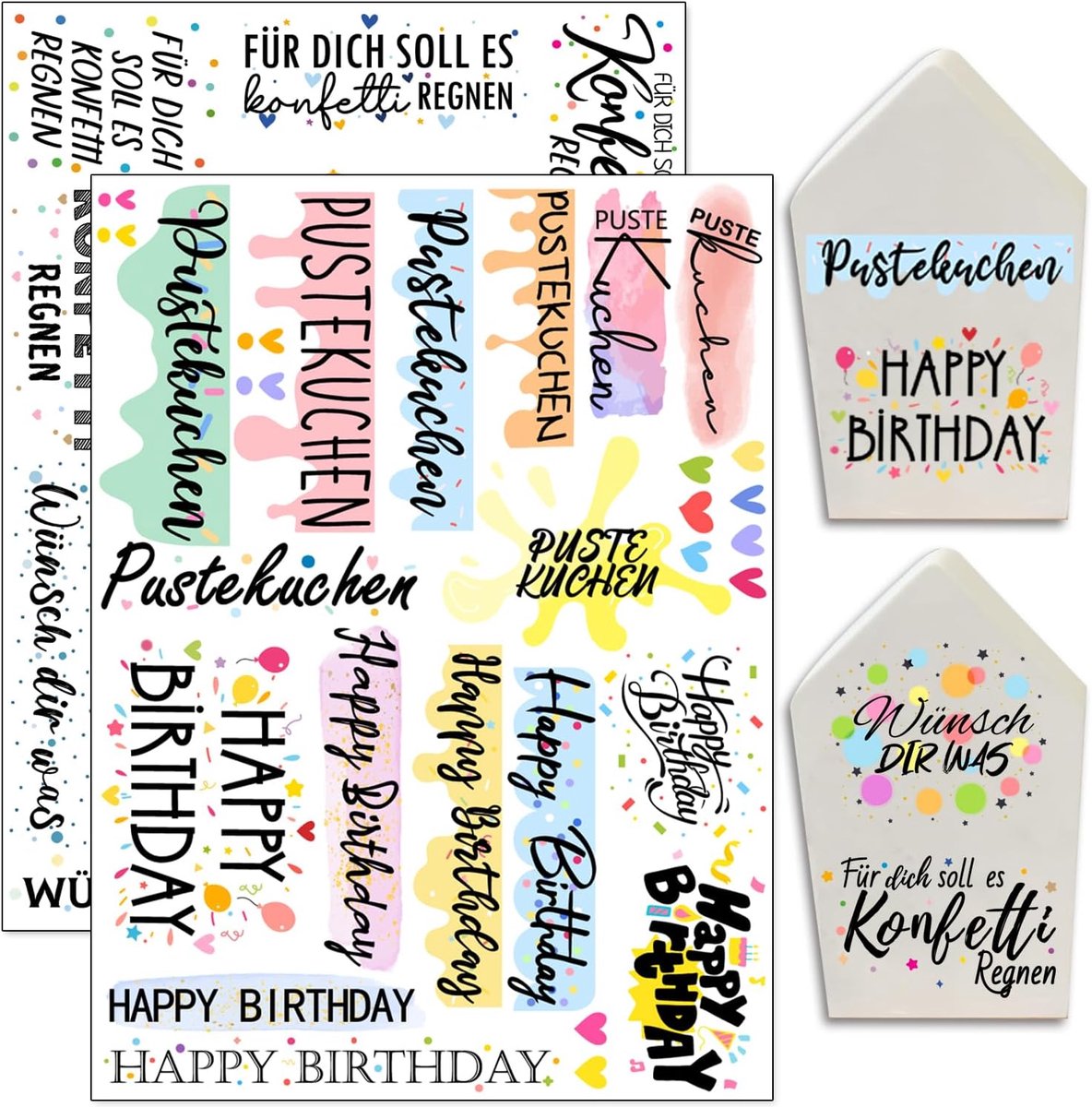 Rub On Stickers 19 x 14 cm - groot formaat Pustekuchen Happy Birthday confetti Wünsch Dir Was 2 stuks spreuken voor Raysin voor Keraflott meubels glas hout DIY decoratie Rub On folie rubons