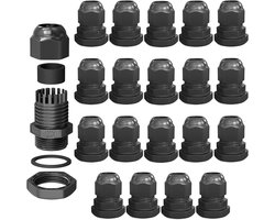 hb-digital 20х kabelschroefverbinding M20 voor 6-12 mm kabeldiameter IP68, stof- en waterdicht, met rubberen afdichting, tegenmoer, klemlamellen, stopbus, isolatie kabelinvoer - zwart