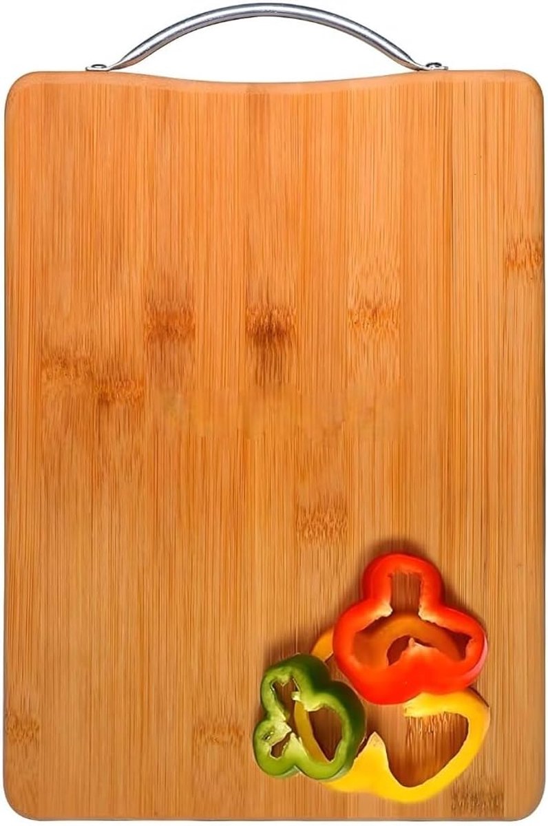 Snijplank van hout, bamboe snijplank met roestvrij stalen handgreep, snijplank voor de keuken 24 x 30 cm