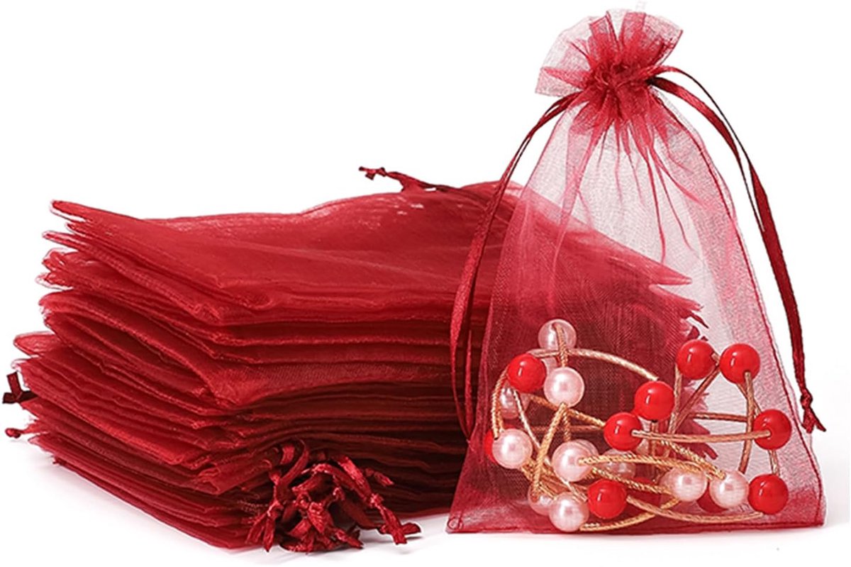 100 stuks wijnrode organzazakjes, 9 x 12 cm. Kleine geschenkorganzazakjes met trekkoord. Geschikt als zakjes voor snoep, sieraden, kerstcadeaus, verjaardagsfeestje