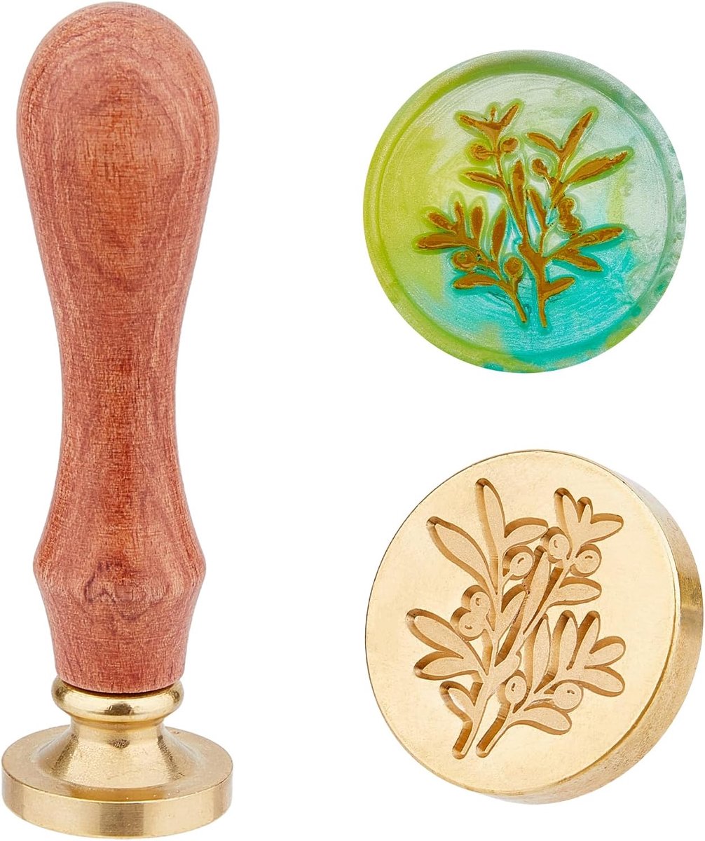 25 mm bloem olijfvruchten doe-het-zelf hout waszegel verwijderbare afdichtingsstempel met messing kop en houten handvat voor Moederdag, geschenkverpakking, envelop