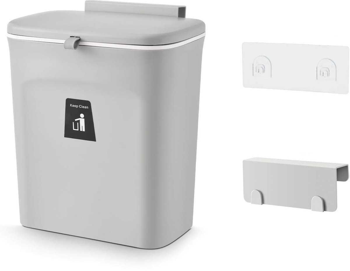 9 liter compostemmer voor keuken, met deksel, kleine compostemmer voor deuren of muren, kunststof hangende afvalemmer voor keuken, woonkamer, slaapkamer, badkamer (grijs, 1 stuk)
