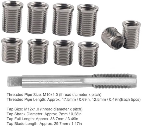 10 Stuks M10x1.0 Schroefdraadinzetstukken en 1 Stuks M12x1.0 Schroefdraadtap, Bougietapgereedschap voor Reparatie van Bougies — afbeelding 5