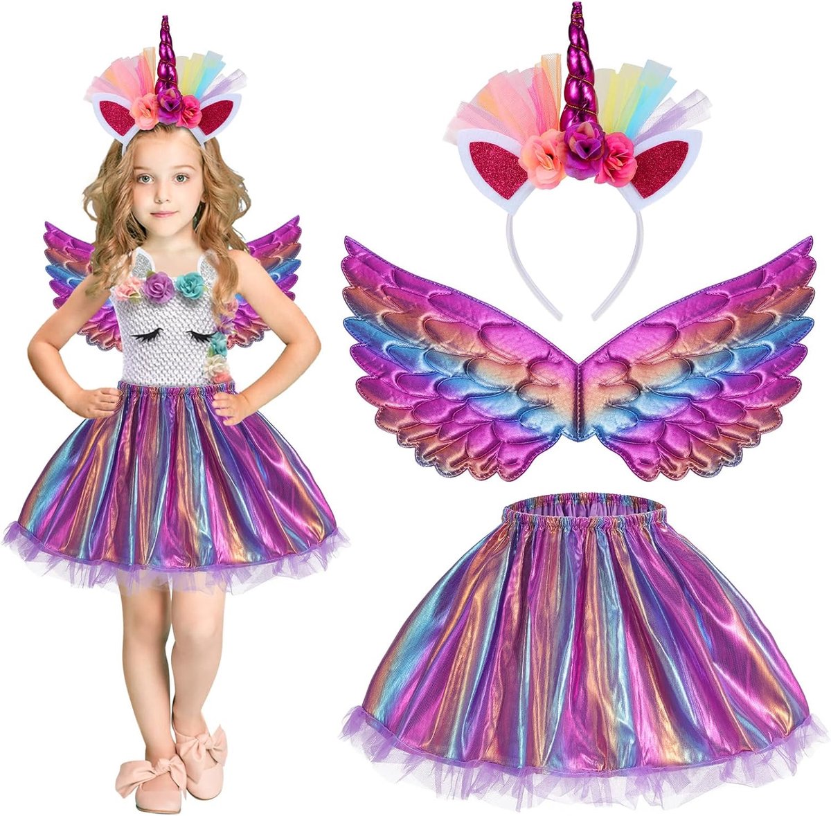 Eenhoornkostuum, prinsessenset, 3 stuks, regenboog, tutu, rok, meisjeskostuum, tule rok, eenhoorn, haarband, vleugels, voor meisjes, unicorn, cosplay, kinderverjaardag, carnaval