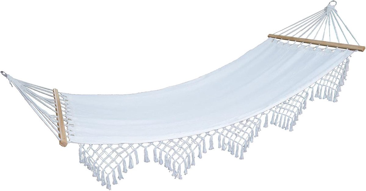 Luxe hangmat met sierstrook Boho houten frame Macramé katoen Beige