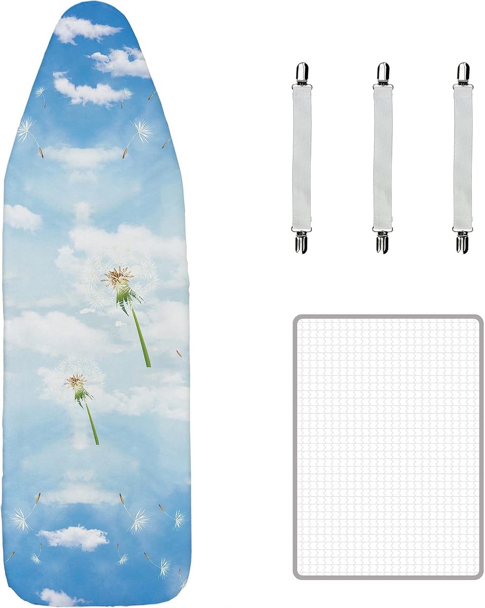 Strijkplankhoezen 135 x 45 cm (53 x 18 inch) met dik 3 mm schuim, geschikt voor 127 x 37 cm strijkplank Max, inclusief 3 bevestigingsmiddelen en beschermende scorch gaasdoek