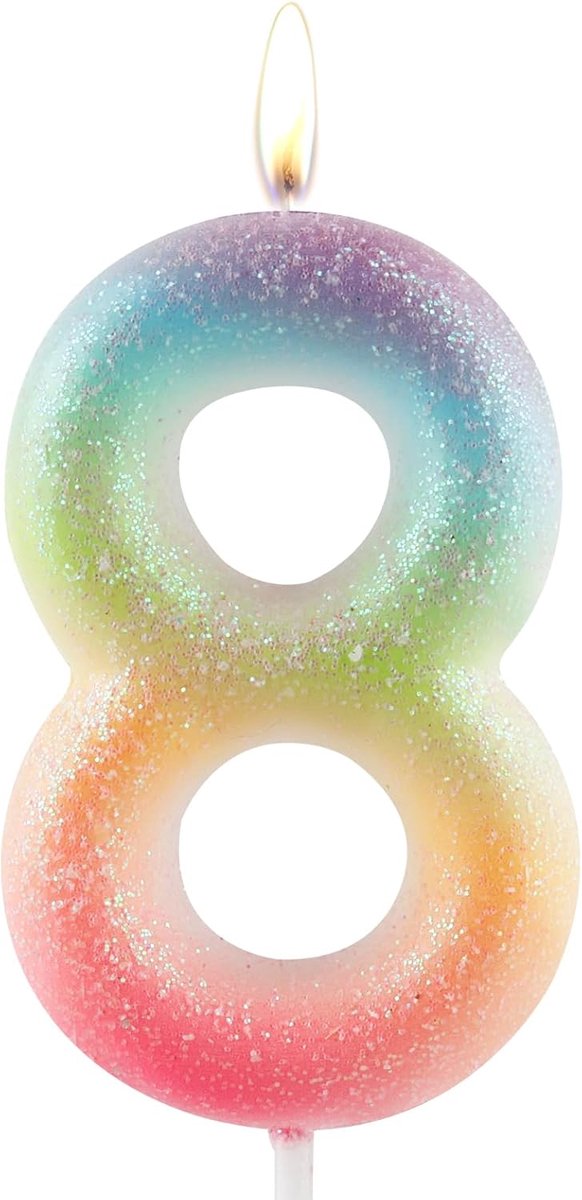 Kleurrijke 8e Verjaardag Kaars, Verjaardag Nummer 8 Kaars Cake Toppers voor Meisje Vrouwen, Glitter Kleurrijke Thema Party Decoraties Levert Verjaardagscadeaus