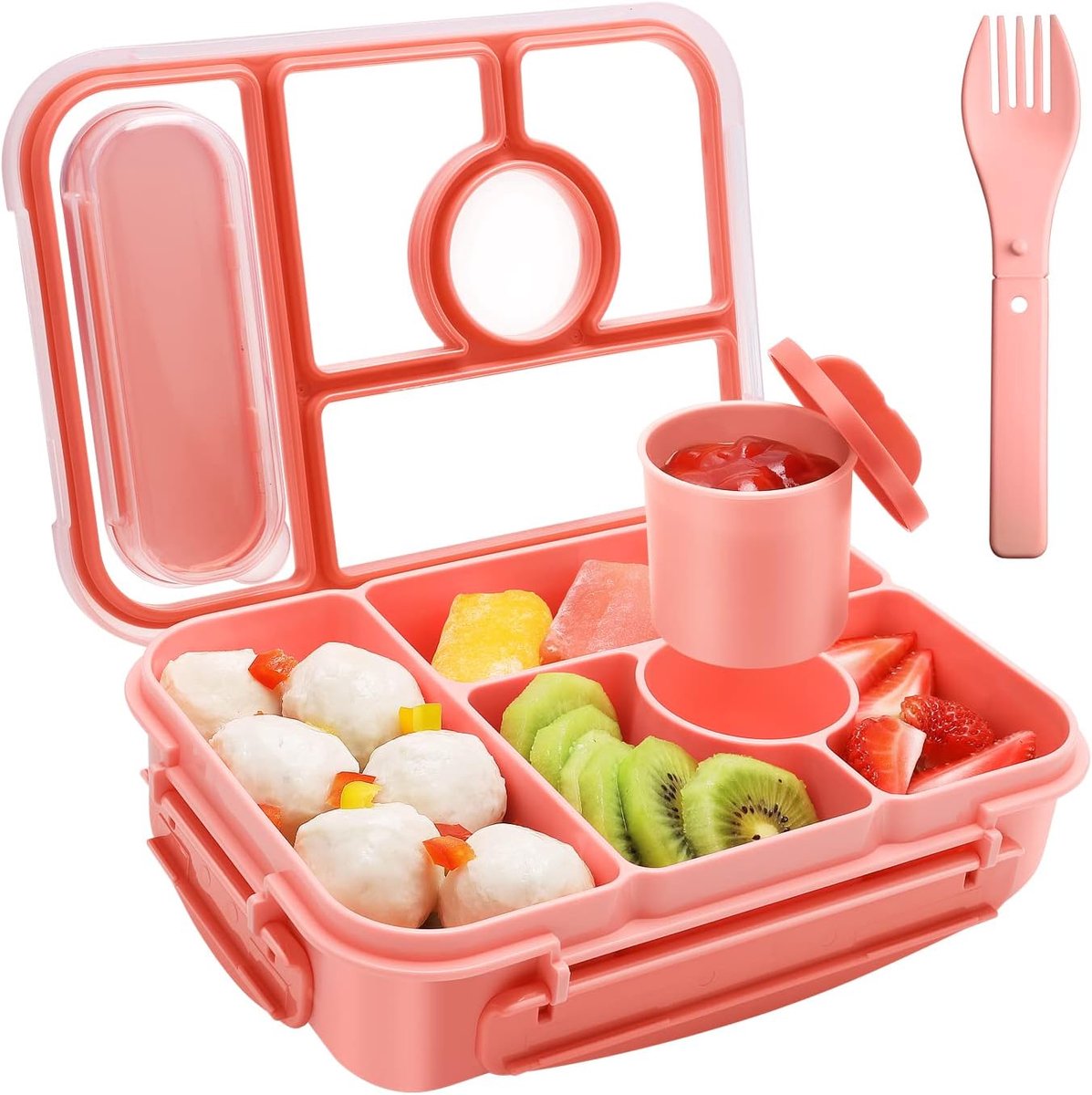 Lunch Box Adults/Kids,Bento Box Kids,1300ML- 5 vakken Lekvrij Lunchbox met sausdoos,Lunchbox Voor Volwassenen,Lunch Container,Snackbox Sandwichbox,Herbruikbaar (Roze)