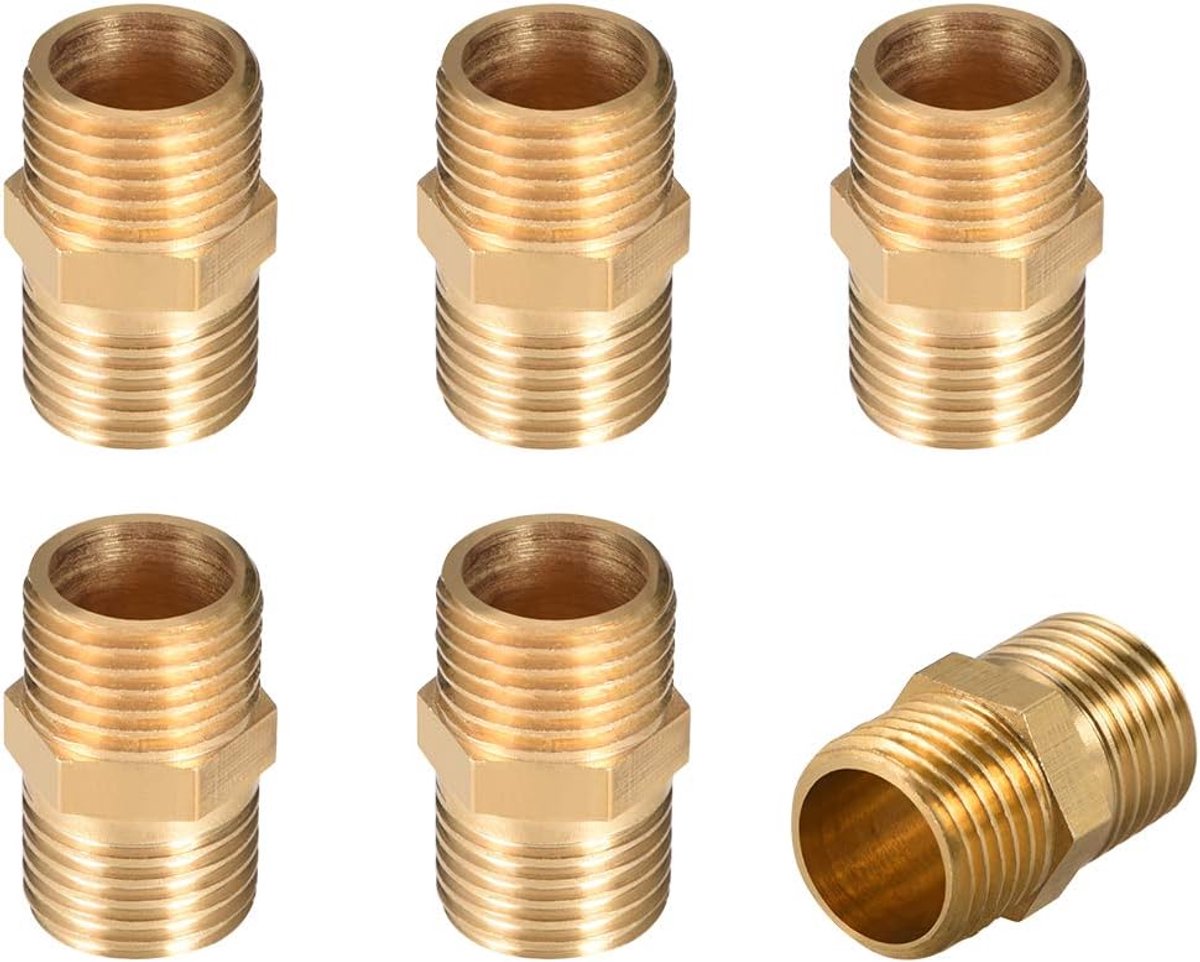 sourcing map 6 stuks Messing buisfitting, Hex nippel, buitendraad buis 1/4"x 1/4" G de