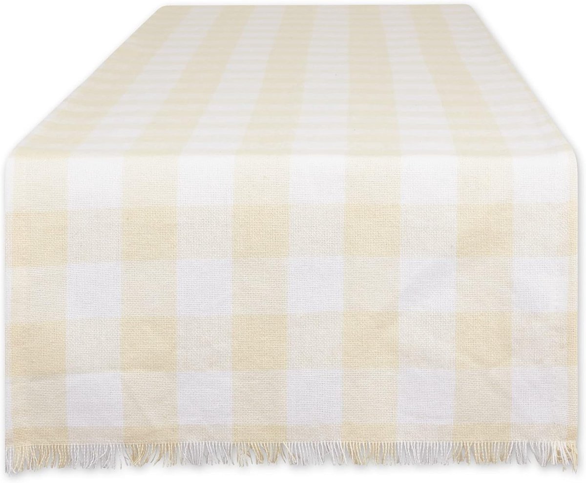 Zwaargewicht Geruit met Franjes Collectie Tafellinnen, Tafelloper, 35,5 x 183 cm, Naturel