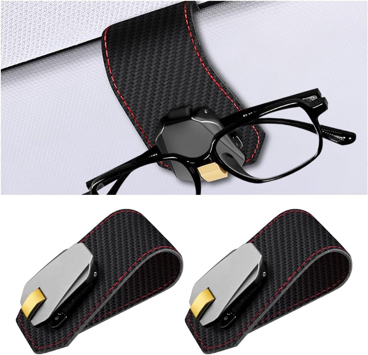 2 stuks brillenhouders voor auto, brillenhouder van leer en visitekaartclip, clips voor autobrillen met riemschijven, auto-accessoires (koolstofvezel)