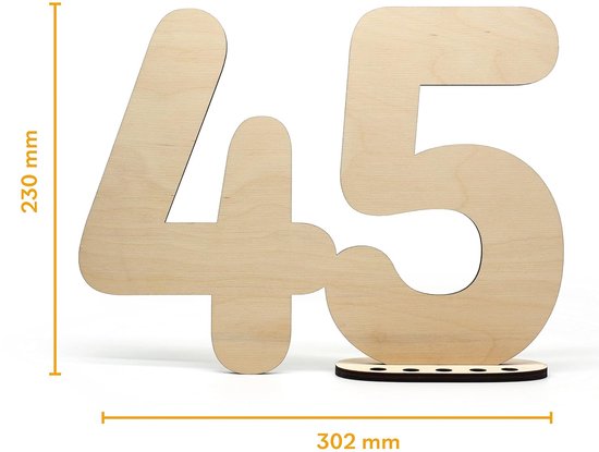 Gastenboek houten decoratief bord cijfer 45, om zelf te beschrijven, als cadeau met standaard en verjaardagskaarsenhouder, voor 45e verjaardagsdecoratie, 45 jaar jubileum of bruiloft — afbeelding 2