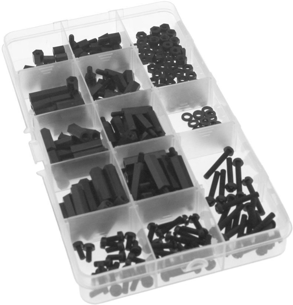 260 stks Zwart M-F Hex Spacers Schroef Moer M3 Nylon Stand-off Assortiment Kit