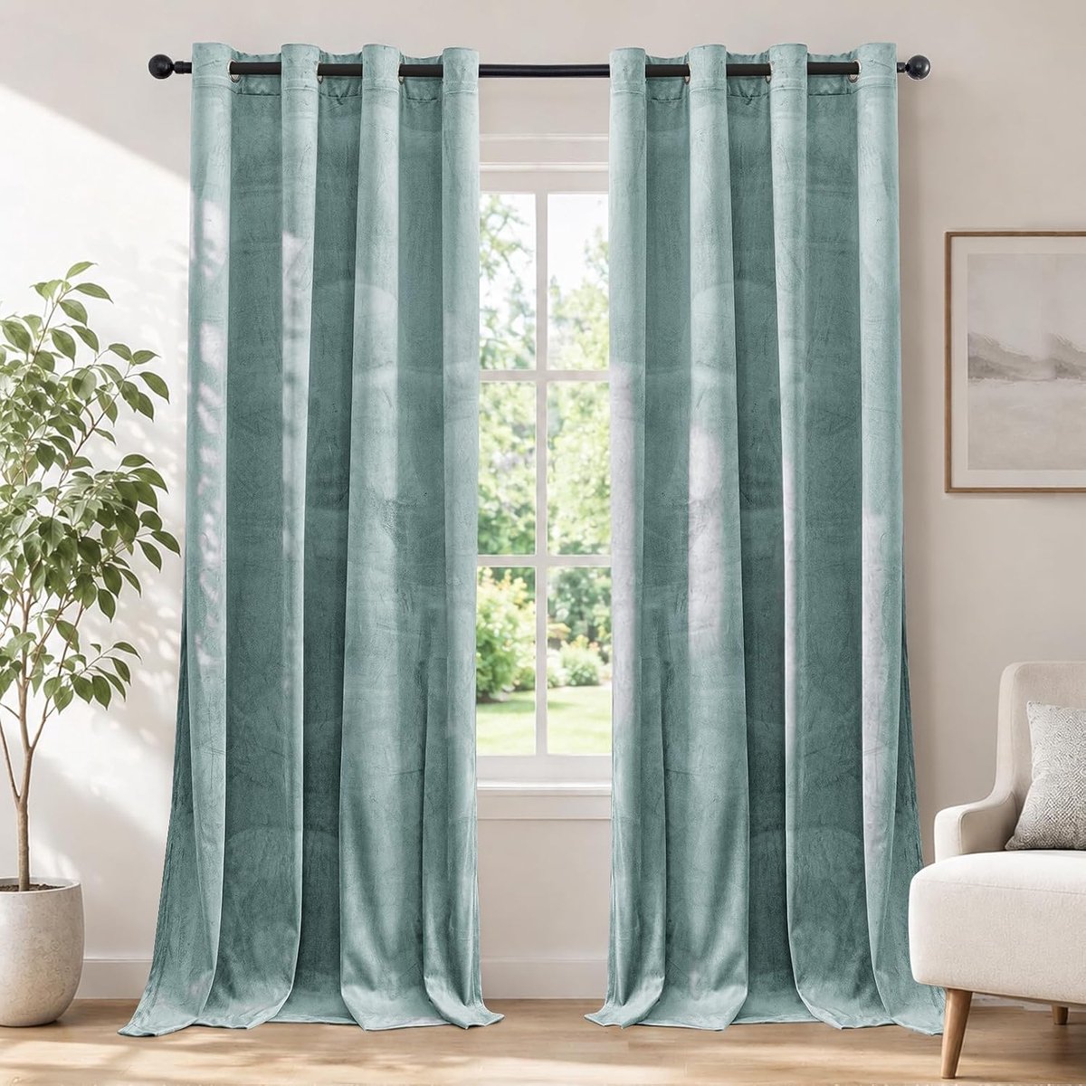 Fluwelen Gordijnen Kant En Klaar Set Van 2, 117x137cm, Gordijnen Verduisterend Met Ringen, Thermische Gordijn, Verduisteringsgordijn, Thermogordijnen Voor Slaapkamer Woonkamer, Groen Grijs