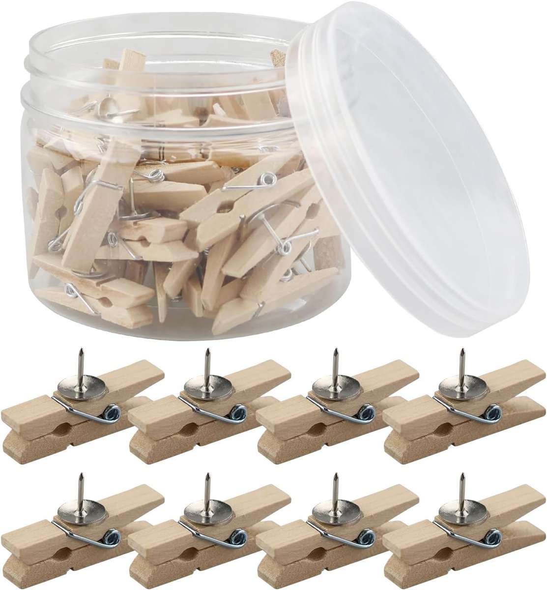 50 stuks pushpins met houten clips, tekenpinnen voor kaarten, stalen punten kaart pushpins, houten kaartspelden, pushpins paperclips, punaises, voor kurknotitiebord, prikborden