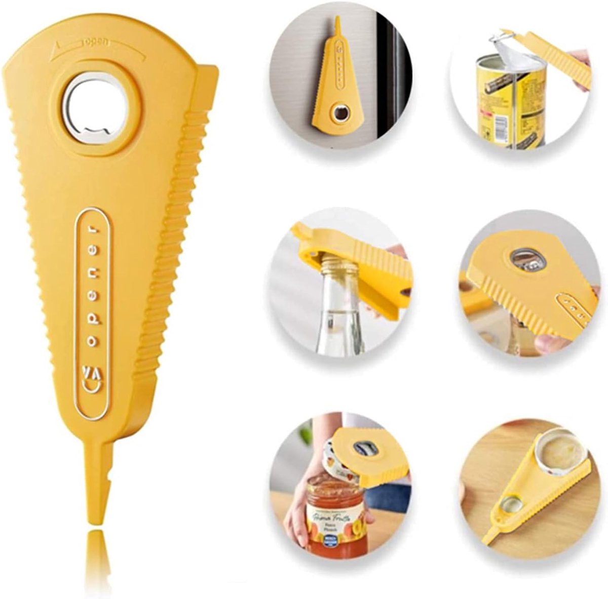 Handmatige flesopener, 3-in-1, multifunctionele flesopener, bieropener voor zwakke handen, senioren en artritispatiënten (geel)