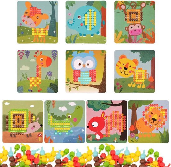 Mozaïek steekspel voor kinderen, mozaïek pegboard met 240 steekkralen, pedagogische paddenstoelnagels, puzzel, speelgoed voor jongens, meisjes, kinderen, voor 2, 3, 4, 5, 6 jaar — afbeelding 2