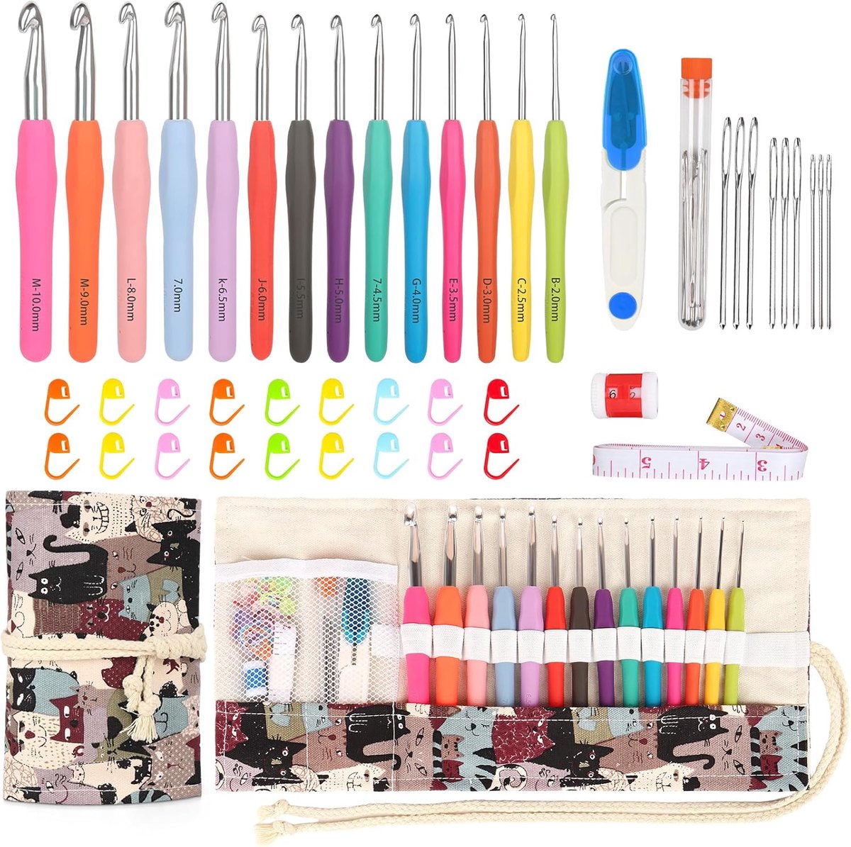 Haaknaaldenset met roltas, 14 stuks haaknaalden voor artritishanden, 2,0-10 mm lange haaknaalden met gladde haken en zachte grip, haakset voor beginners met accessoires, schattige kat