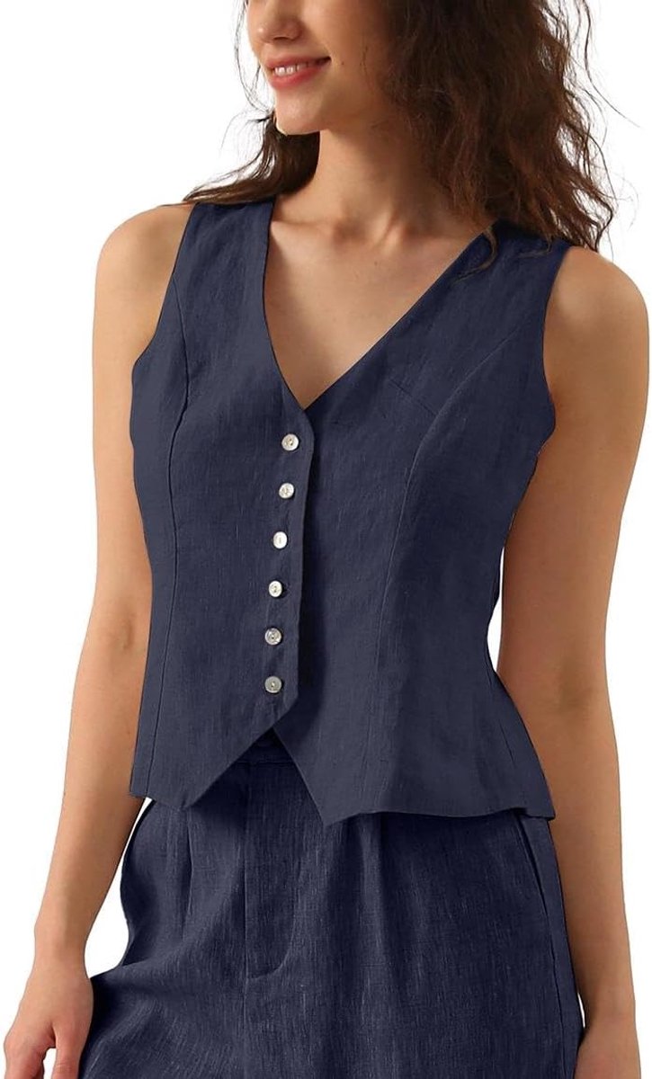 Kostuumvest voor dames, linnen mouwloos vest, damesvest, V-hals, kort, knoopsluiting, smalle pasvorm, verstelbare riemen