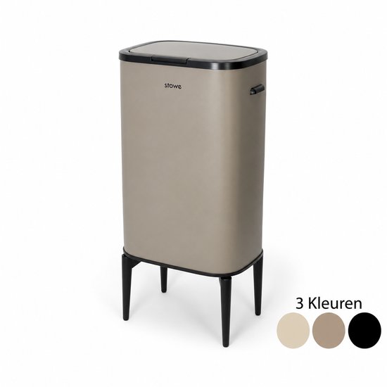 Grijze prullenbak met zwarte pootjes en deksel. Drie kleurencirkels links: lichtgrijs, taupe, zwart.