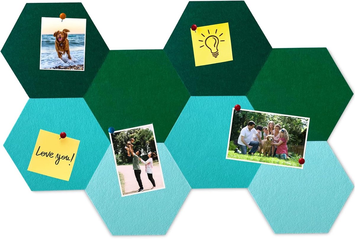 8 Stuks Zeshoekige Vilten Kurkbord Tegels, Zelfklevend Doe-het-zelf Prikbord voor Kantoor, School, Thuis, Muurdecoratie, Stickers, Memo's, Foto's, Display(Geleidelijk Groen)