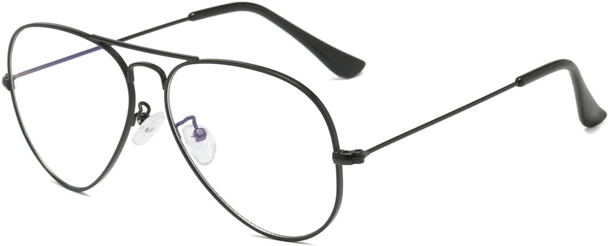 Bril met blauwlichtfilter, klassieke pilotenbril, metalen montuur, zonder sterkte, pc-gaming, anti-bluelight bril, uniseks, A1: zwart, Eén Maat
